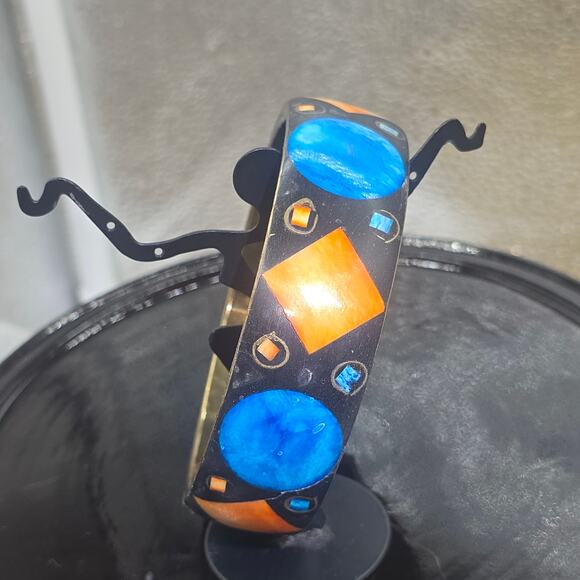 VTG MCM Atomic Cosmic 3/4” Brass Bangle BK OR & BL Bovine Bone Inlay SZ 8.75 - Picture 4 of 10